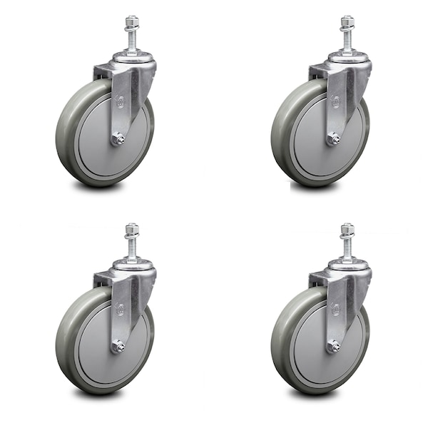 6 Inch Gray Polyurethane Wheel Swivel 10mm Threaded Stem Caster Set SCC